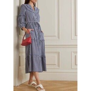 Cefinn Dress US 4 Blue Ruffled Seersucker Suki Midi Plaid Check Prairie Tiered